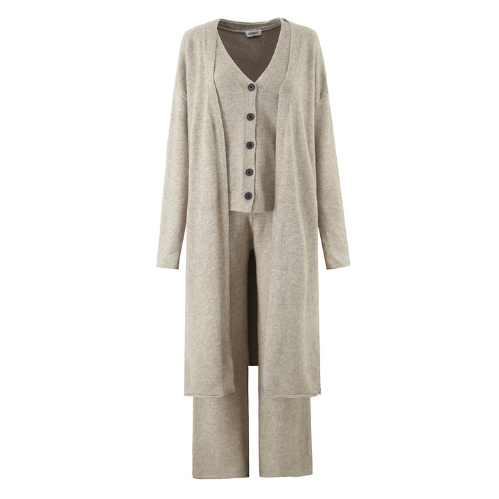 Damen elegantes Strickset mit langem Cardigan, Knopfleiste und weit geschnittenen Hosen Drune