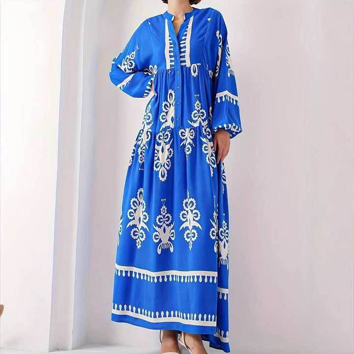 Damen langes Kaftankleid mit floralen Akzenten und Knopfleiste Drune