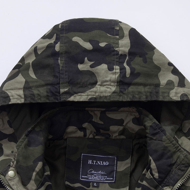 Herren leichte Camouflage Feldjacke mit Kapuze, Kordelzug und Multifunktions‑Taschen Drune