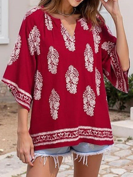 Damen Lockeres Strand-Tunika-Oberteil mit V‑Ausschnitt und Boho‑Print Drune