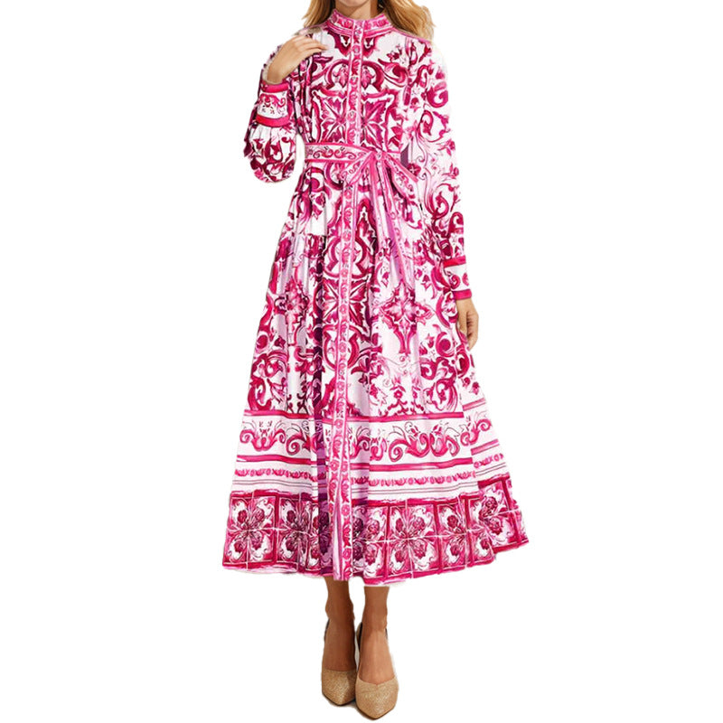 Damen Elegantes Maxikleid mit zartem floralem Muster und praktischem Gürtel Drune
