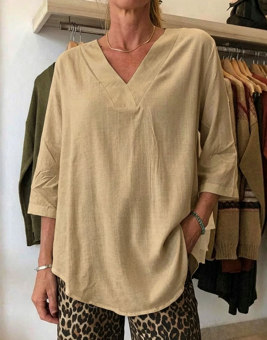 Damen Leichte Oversize V-Ausschnitt Tunika in Leinenoptik mit dreiviertel Ärmeln und abgerundetem Saum Drune