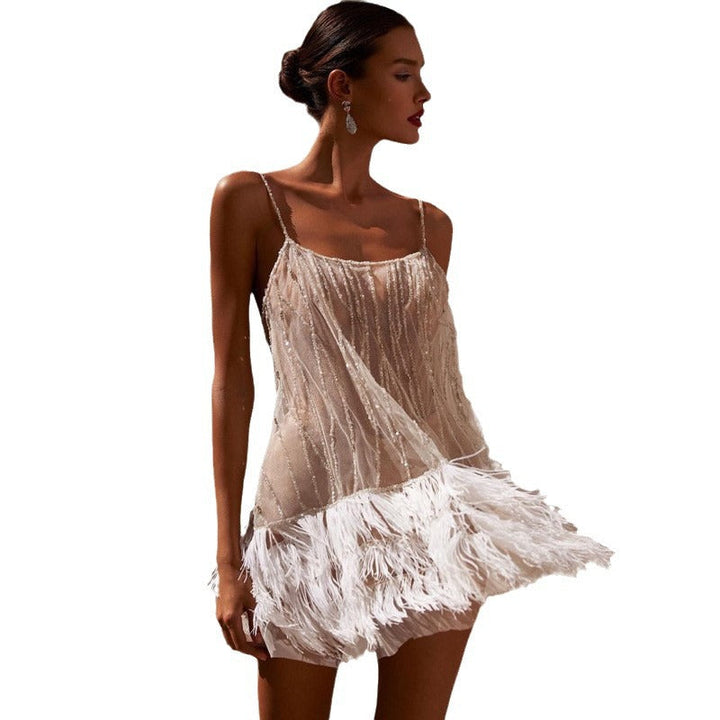 Damen Funkelndes Pailletten-Cocktailkleid mit Federn Drune
