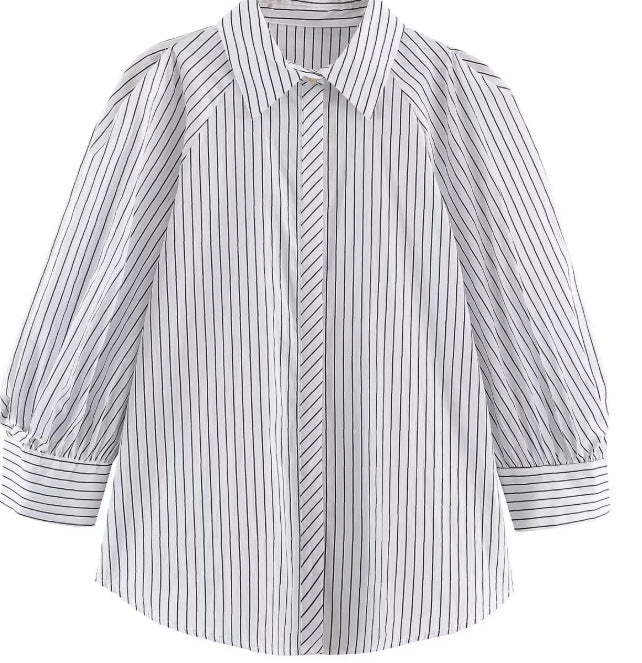 Damen Längsgestreifte Oversize‑Hemdbluse mit ellbogenlangen Ballonärmeln und verdeckter Knopfleiste Drune
