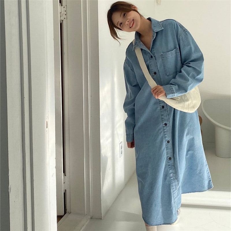 Damen Oversize-Denim-Maxikleid im Hemdstil mit Brusttasche und durchgehender Knopfleiste Drune