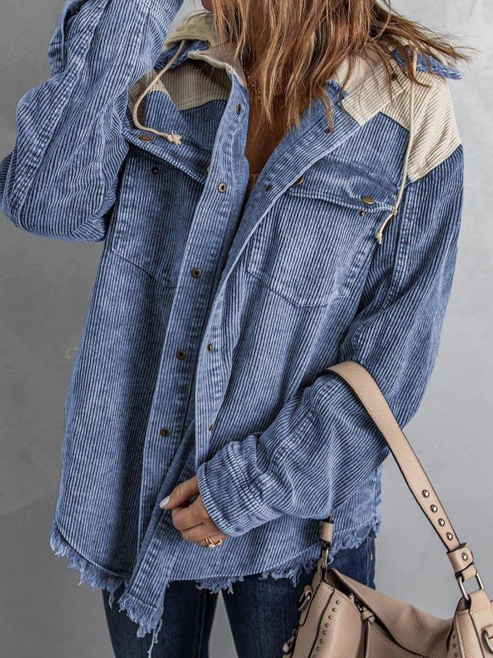 Drune | Jacke mit Kapuze - Oversized Fit - Cord-Textur - Knopfverschluss - Fransenrand