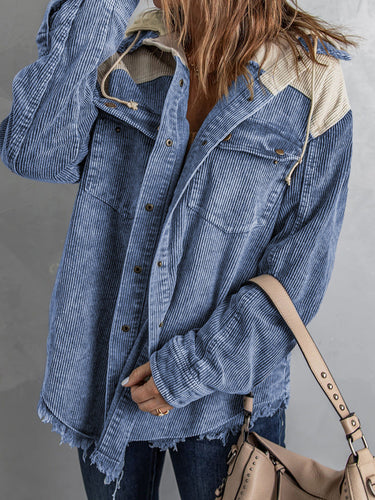 Drune | Jacke mit Kapuze - Oversized Fit - Cord-Textur - Knopfverschluss - Fransenrand