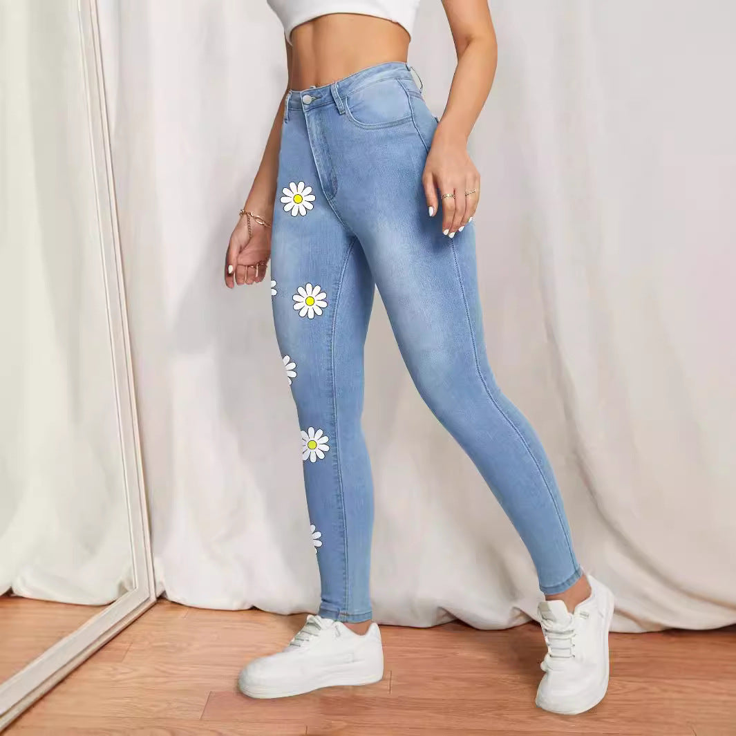Damen High-Waist Skinny-Jeans mit aufgedruckten Margeriten und figurformendem Stretch Drune