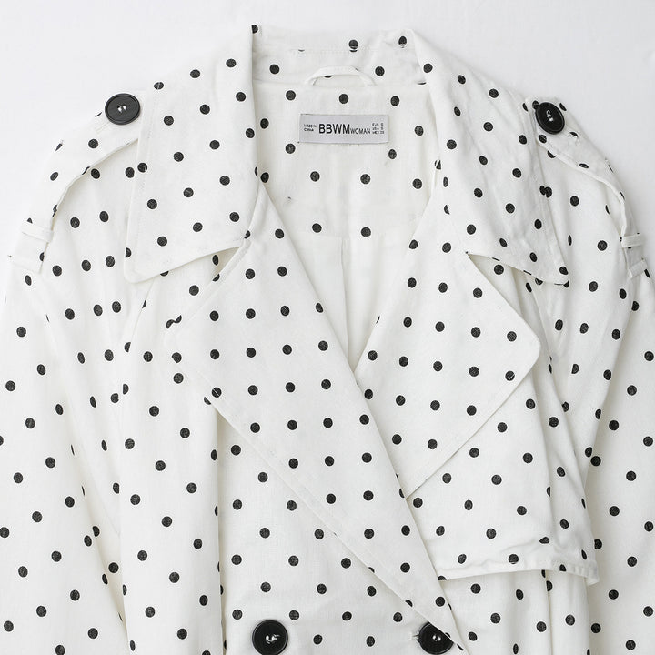 Damen Gepunkteter Cropped Trenchcoat mit Taillengürtel und doppelreihiger Knopfleiste Drune