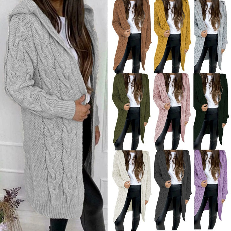 Damen lange Strickjacke mit Kapuze und Zopfdesign Drune