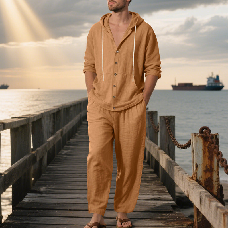 Herren nan legeres Leinen-Baumwoll-Ensemble mit Kapuzen-Oberteil und durchgehender Knopfleiste, Kängurutasche und knöchellanger weiter Hose Drune