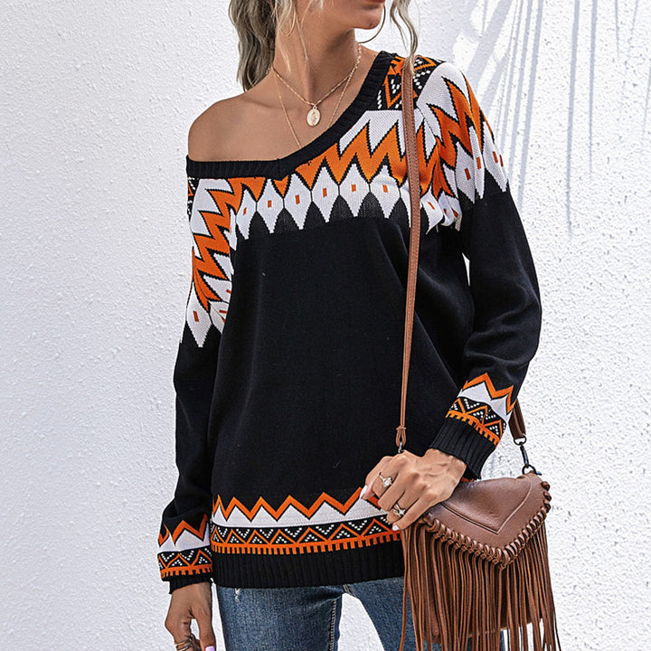 Damen Oversize Strickpullover mit geometrischem Aztekenmuster und asymmetrischem schulterfreiem Ausschnitt Drune