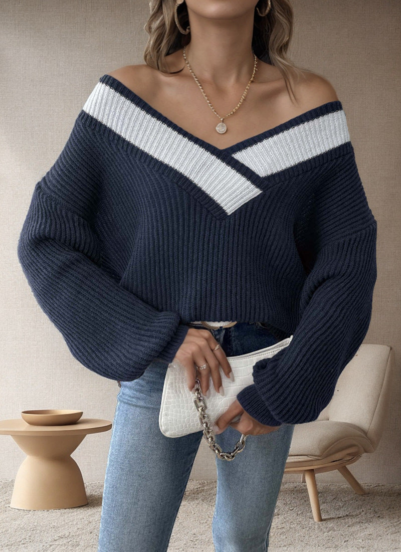 Damen lässiger Strickpullover mit V-förmigem Ausschnitt und dekorativem Rippenmuster Drune