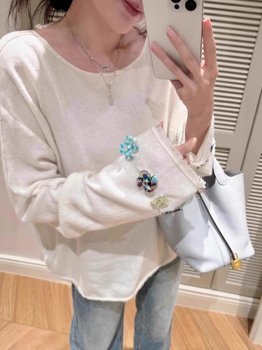 Damen Oversize-Feinstrickpullover mit schmuckbesetzten Ärmelabschlüssen Drune