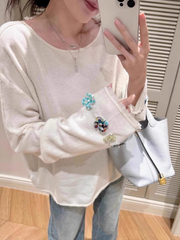 Damen Oversize-Feinstrickpullover mit schmuckbesetzten Ärmelabschlüssen Drune