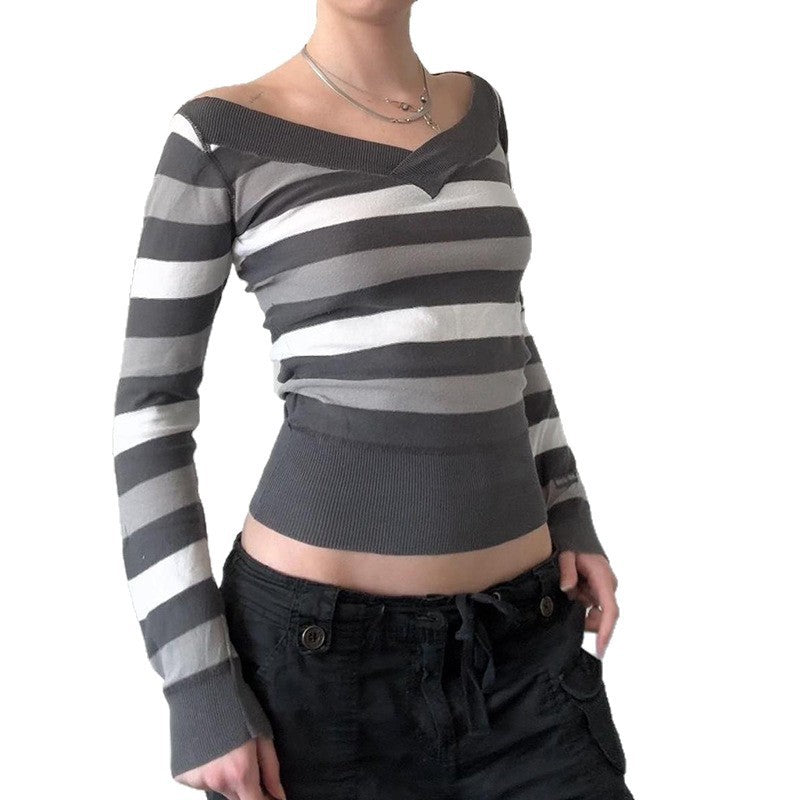 Damen Taillierter Feinstrick-Pullover mit breiten Blockstreifen und V-Ausschnitt Drune
