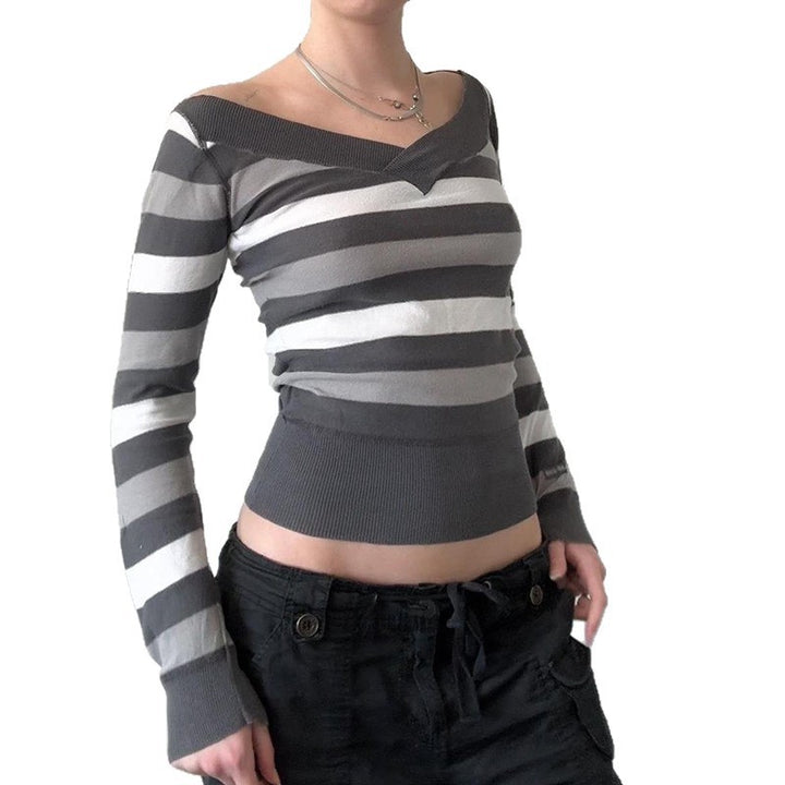 Damen Taillierter Feinstrick-Pullover mit breiten Blockstreifen und V-Ausschnitt Drune