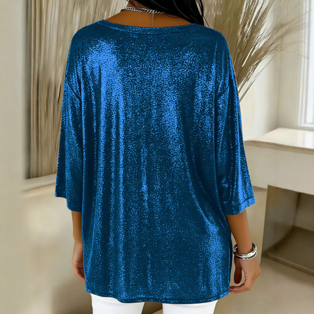 Damen Glitzernde Tunika-Bluse mit V‑Ausschnitt, Fledermausärmeln und Seitenschlitzen Drune