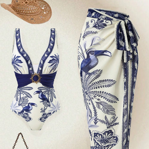Damen Einteiliger Badeanzug mit floralem Design und elegantem Wickelrock Drune