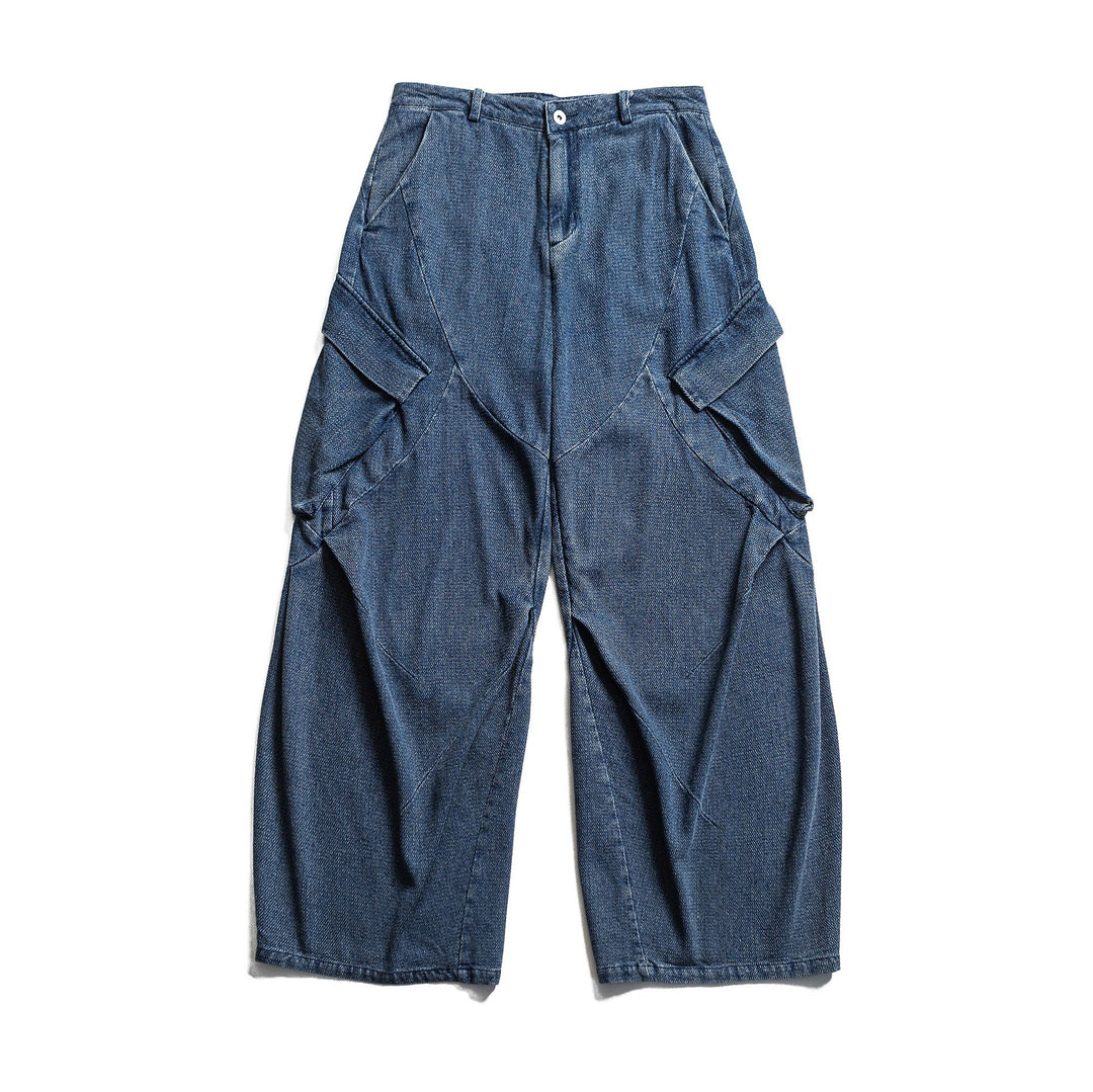 Damen Weite Cargo-Jeanshose mit hoher Taille, markanten Teilnähten und dekorativen Taschen Drune