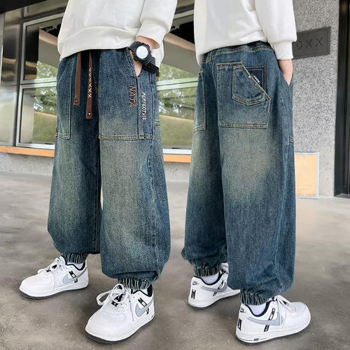 Unisex weite Denim-Hose mit elastischen Bündchen und großen Taschen Drune