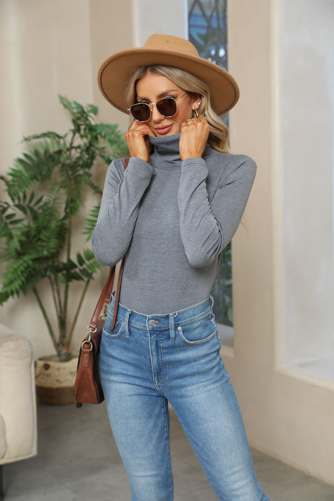 Damen Figurnahe Stretch-Jersey Rollkragenoberteil mit langem Arm Drune