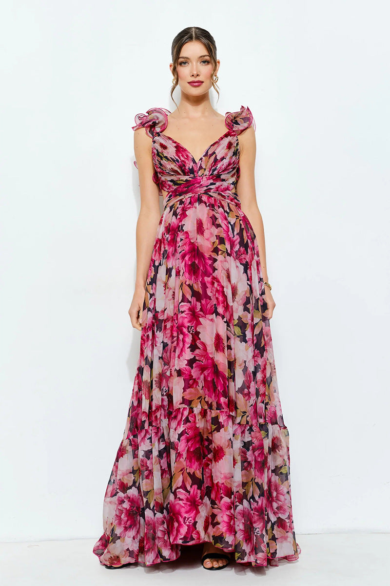 Damen Maxikleid mit luftigen Rüschendetails und ausgefallenem Wickeldesign Drune