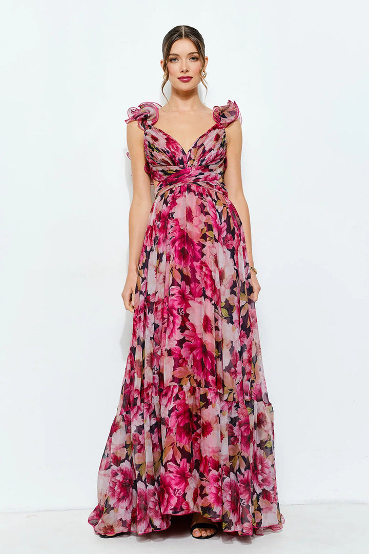 Damen Maxikleid mit luftigen Rüschendetails und ausgefallenem Wickeldesign Drune