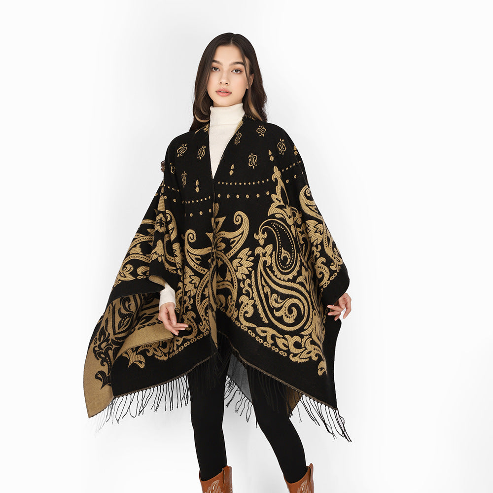 Damen Opulenter Jacquard‑Poncho im Kaftan‑Stil mit Fransen und Paisley‑Relief Drune