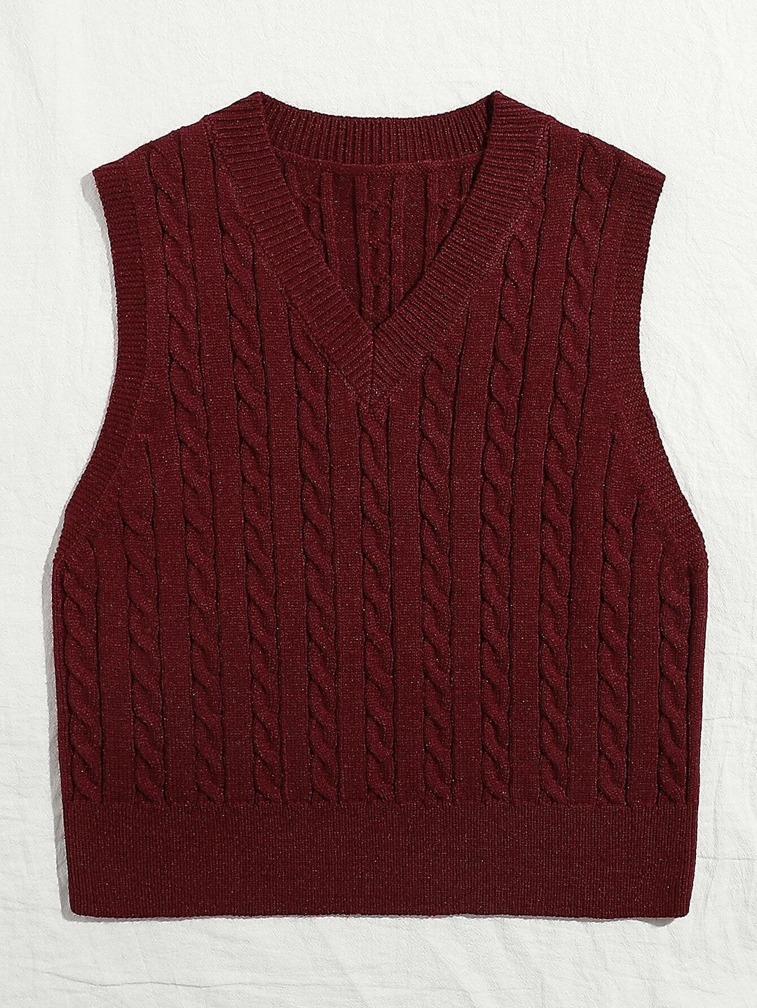 Damen Gestrickte ärmellose Zopfmuster-Pulloverweste mit V-Ausschnitt Drune
