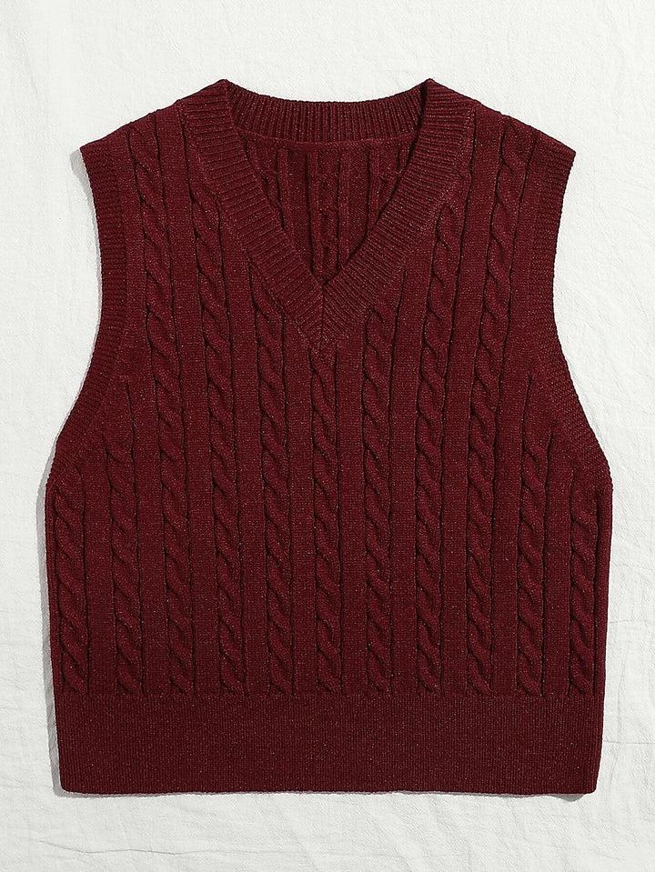 Damen Gestrickte ärmellose Zopfmuster-Pulloverweste mit V-Ausschnitt Drune