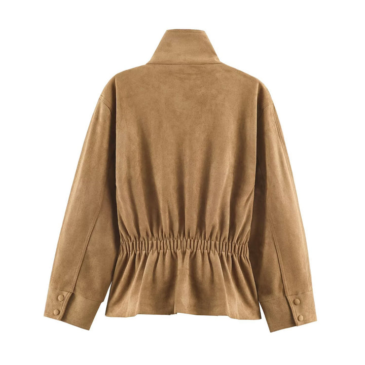 Damen Kurzjacke aus Velourslederoptik mit Stehkragen und Bindegürtel Drune