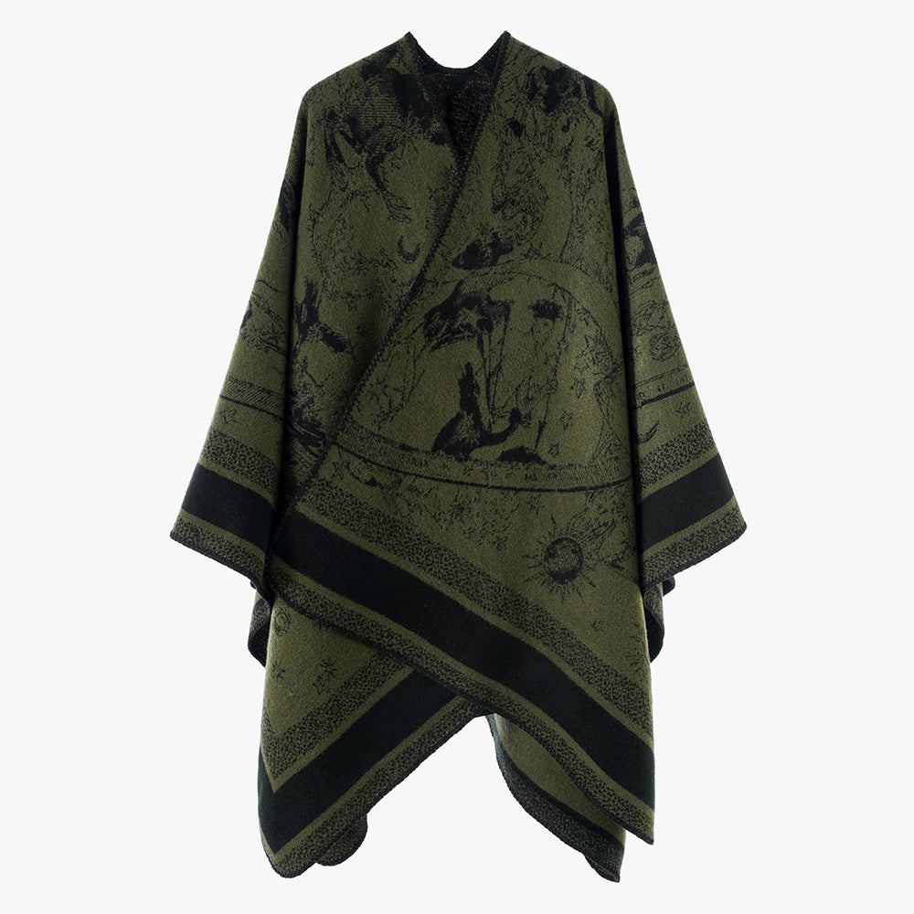 Damen Oversize-Jacquard-Capeponcho aus Wollmix mit V-Ausschnitt und himmlischem Motiv Drune