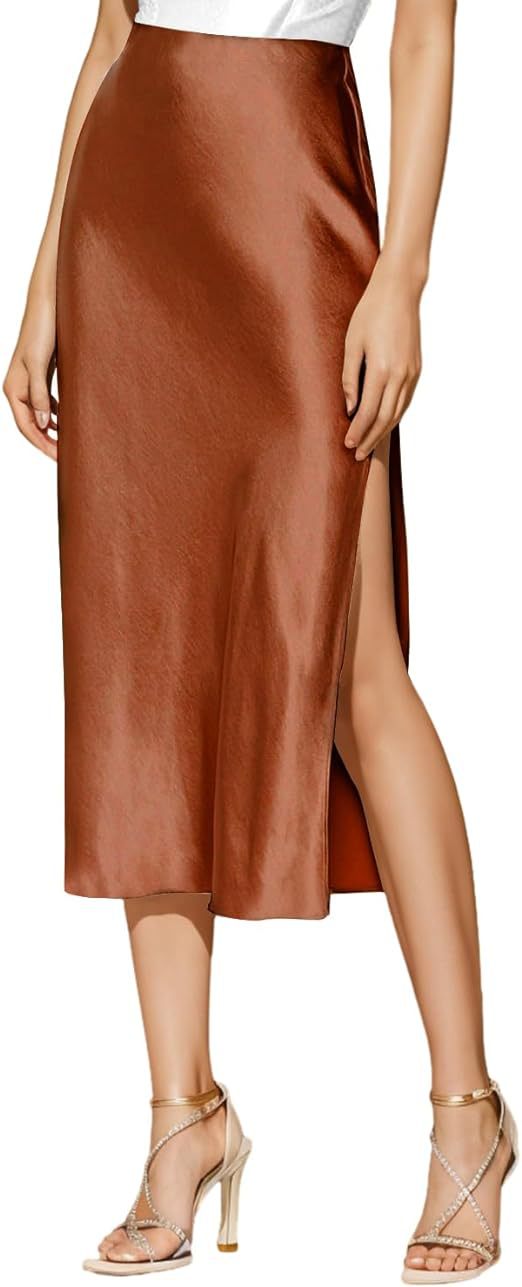 Damen Satin-Midirock mit hohem Schlitz Drune