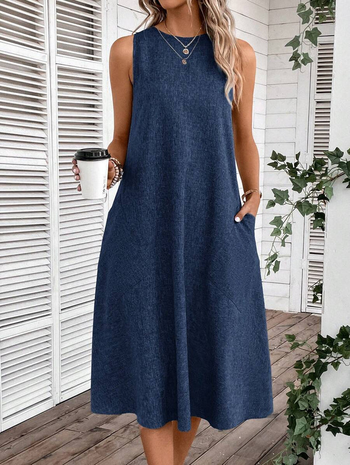 Damen lässiges Midi-Kleid mit tiefem Ausschnitt und praktischen Taschen Drune