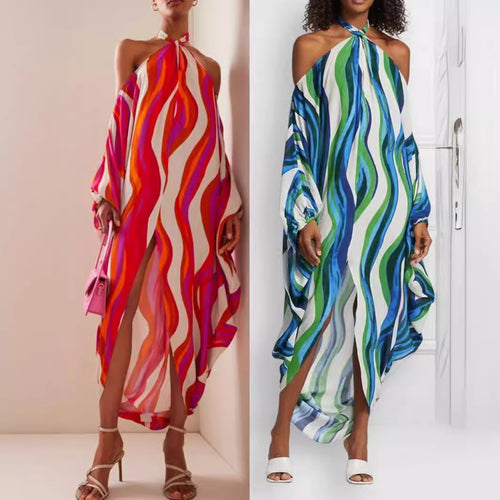 Damen Maxikleid mit asymmetrischem Saum und modischen Streifen Drune