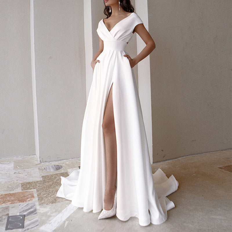 Damen elegantes Maxikleid mit tiefem V-Ausschnitt und seitlichem Schlitz Drune