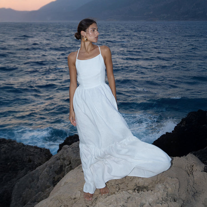 Damen Elegantes Maxikleid aus Leinen mit Querriemen Drune