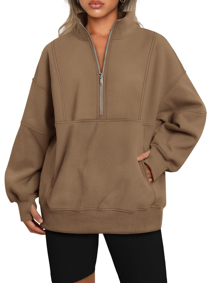 Damen Oversize-Sweatshirt mit halbem Reißverschluss, Stehkragen und Kängurutasche Drune