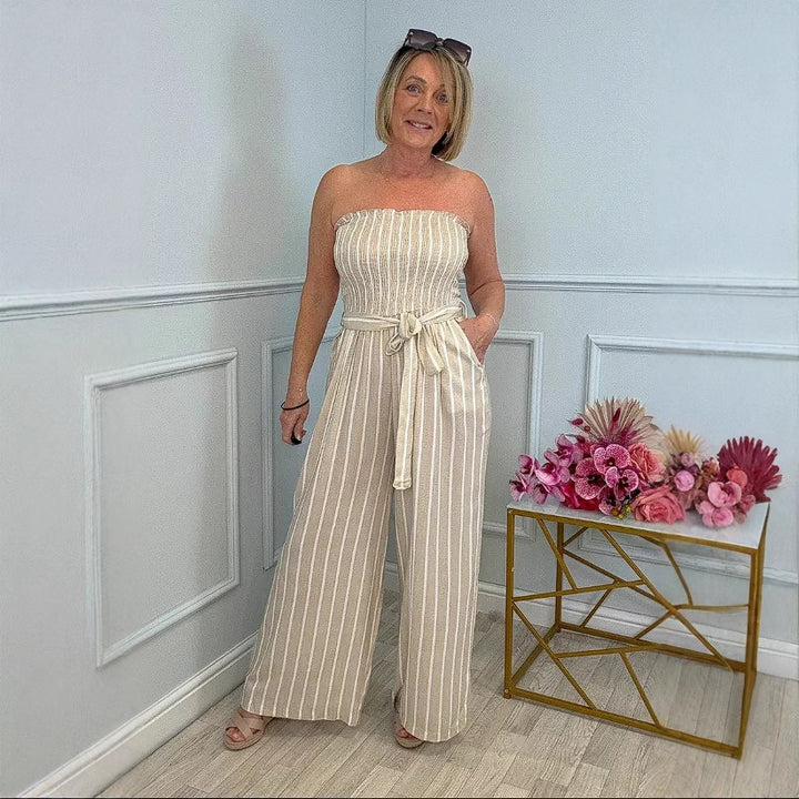 Damen Eleganter Jumpsuit mit gestreiftem Design und Gürtel Drune