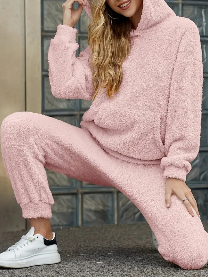 Damen nan kuscheliges Teddy-Fleece Hausanzug-Set mit Kapuze, Kängurutasche und elastischer Jogginghose Drune