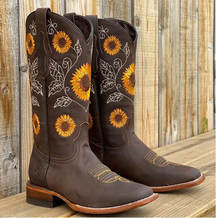 Damen Western-Stiefel mit Sonnenblumen-Stickerei und mittelhohem Blockabsatz Drune