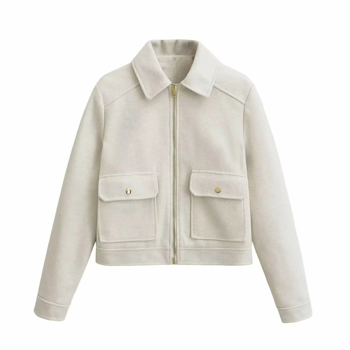 Damen nan boxy Wollblend Shacket mit verdecktem Metallreißverschluss, Hemdkragen und aufgesetzten Pattentaschen Drune