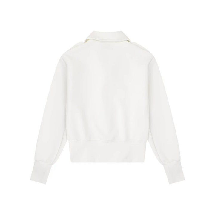Damen Kurz geschnittene Sweatjacke mit Hemdkragen Schulterklappen und Lederpatch Drune