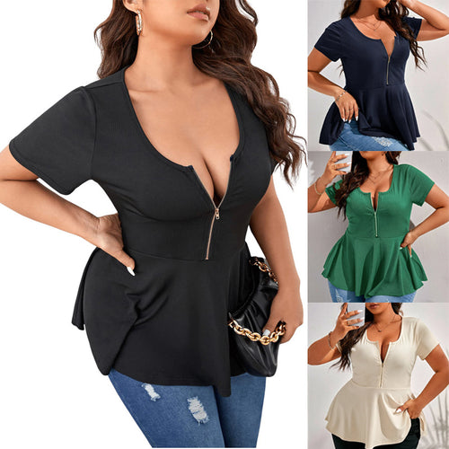 Damen Geripptes Zip-Peplum-Top mit tiefem V-Ausschnitt Drune