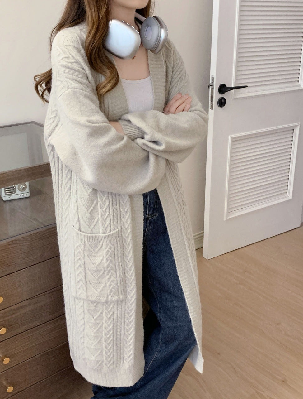 Damen Strickmantel mit Zopfmuster Drune