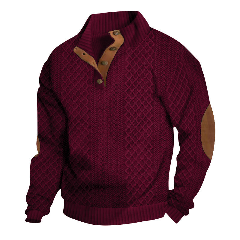 Herren nan grober Strickpullover mit Stehkragen Lederbesatz und Ellenbogenaufnähern Drune