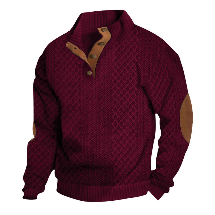 Herren nan grober Strickpullover mit Stehkragen Lederbesatz und Ellenbogenaufnähern Drune