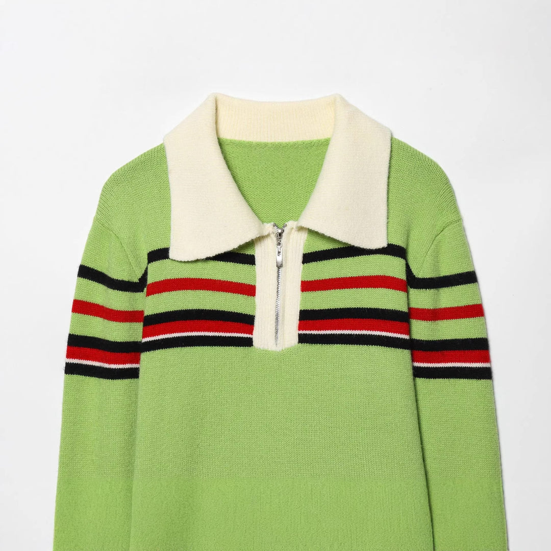 Damen nan gerippter Strickpullover mit halbem Reißverschluss, großem Kontrastkragen und gestreifter Brustpartie Drune