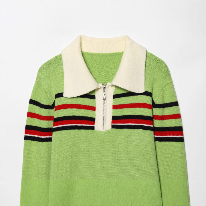 Damen nan gerippter Strickpullover mit halbem Reißverschluss, großem Kontrastkragen und gestreifter Brustpartie Drune